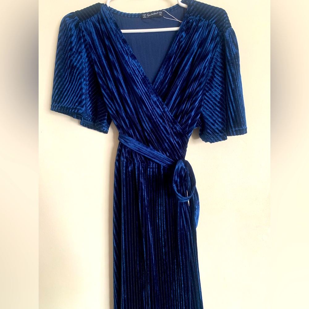 Elegant navy velvet stripe wrap dress